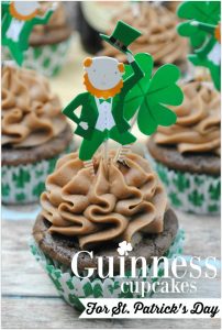 These Guinness Cupcakes with sweet cream chocolate frosting are to die for, and such an easy recipe to make! Not one for the kids as they are made with everyone’s favorite Irish beer, but such a perfect dessert for that adult St. Patrick’s Day Party!