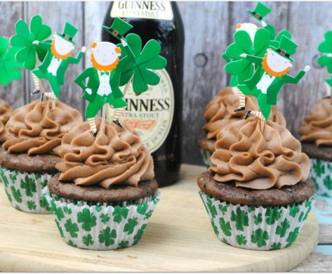 These Guinness Cupcakes with sweet cream chocolate frosting are to die for, and such an easy recipe to make! Not one for the kids as they are made with everyone’s favorite Irish beer, but such a perfect dessert for that adult St. Patrick’s Day Party!