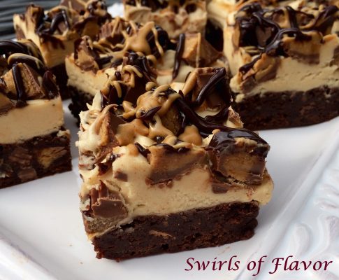 Peanut Butter Cup Brownies combine a fudgy homemade brownie with peanut butter cups and a decadent peanut butter buttercream frosting! homemade brownies | dessert | easy recipe | peanut butter | peanut butter cups | buttercream frosting peanut butter frosting | #swirlsofflavor